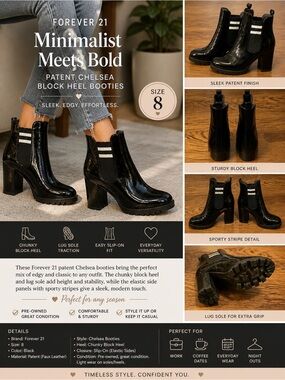 Forever 21 Black Patent Chelsea Booties Size 8 Chunky Block Heel Lug Sole NWOT